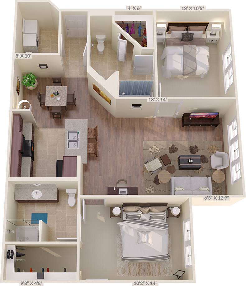 Floor plan for 2 beds, 2 baths, 1109 sqft